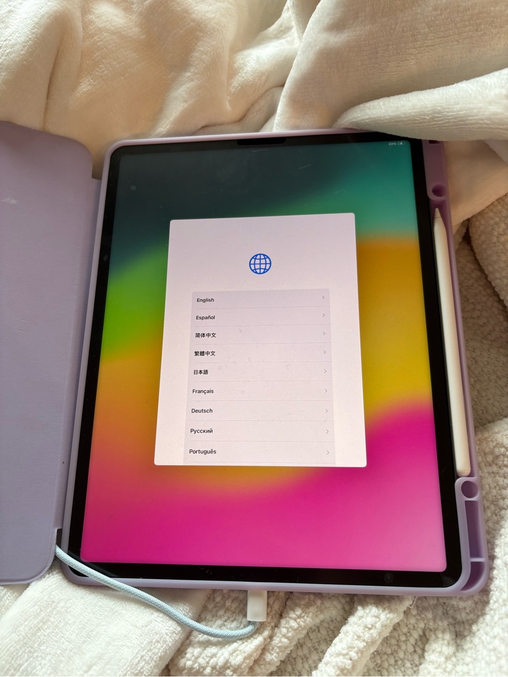 Apple iPad in Lavender Case with White Apple Pencil